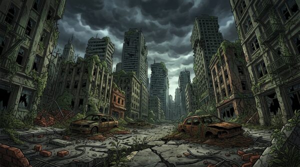 A dramatic post-apocalyptic diorama capturing a desolate urban landscape in vivid detail. In the foreground, cracked pavement scattered with debris, an overgrown plant sprouting through the concrete, and rusted vehicles partially buried in the earth. The middle ground features crumbling buildings entwined with vines and creeping flora, illustrating nature reclaiming the remnants of civilization. In the background, a dark, ominous sky filled with swirling storm clouds, casting a moody light that enhances the scene's eerie atmosphere. Use a low-angle perspective to emphasize the imposing buildings, with light penetrating through gaps, creating stark contrasts and shadows. The overall mood is somber yet captivating, inviting the viewer to explore this immersive, dystopian world. No text, watermarks, or additional elements included.