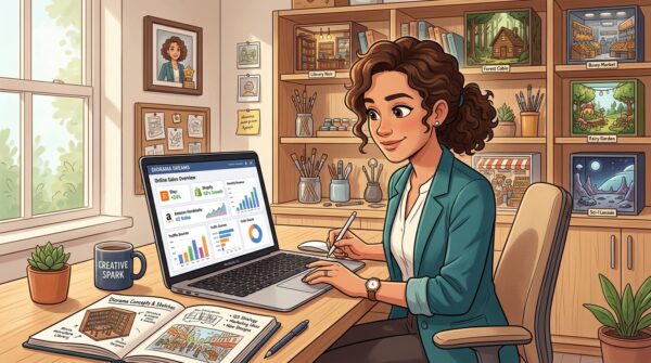 A female entrepreneur, seated at a modern desk, intently examining various online sales channels on her laptop. She is dressed in professional business attire, exuding confidence and focus. The foreground features the laptop screen displaying graphs and digital platforms related to e-commerce. In the middle ground, a notebook with sketches of dioramas and a cup of coffee create a creative workspace atmosphere. The background reveals a well-organized office with shelves displaying completed dioramas and decorative items that enhance the artistic vibe. Soft, natural lighting streams in from a nearby window, casting gentle shadows, adding warmth and inviting professionalism to the scene. The overall mood is one of determination and inspiration as she strategizes her online sales approach. A female entrepreneur, seated at a modern desk, intently examining various online sales channels on her laptop. She is dressed in professional business attire, exuding confidence and focus. The foreground features the laptop screen displaying graphs and digital platforms related to e-commerce. In the middle ground, a notebook with sketches of dioramas and a cup of coffee create a creative workspace atmosphere. The background reveals a well-organized office with shelves displaying completed dioramas and decorative items that enhance the artistic vibe. Soft, natural lighting streams in from a nearby window, casting gentle shadows, adding warmth and inviting professionalism to the scene. The overall mood is one of determination and inspiration as she strategizes her online sales approach.