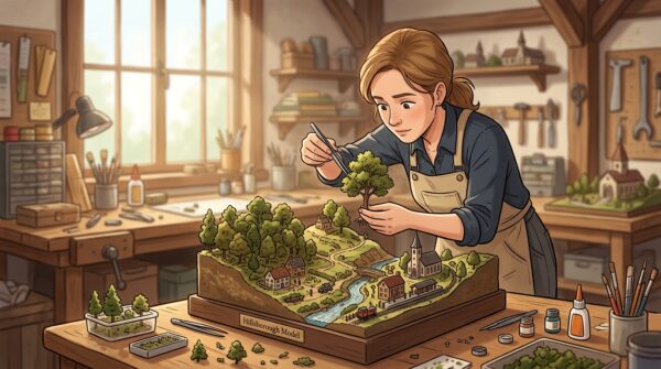 A person carefully removing a lightweight, removable tree from a detailed diorama, illustrating a serene and focused transportation process. The foreground features the individual in professional attire, showing a look of concentration and care as they handle the diorama elements. In the middle ground, the partially disassembled diorama reveals intricate details such as miniature landscapes, buildings, and foliage. The background consists of a well-lit workshop with soft natural light streaming through a window, creating a warm and inviting atmosphere. Use a shallow depth of field to keep the focus on the person and the tree, while the background remains slightly blurred. The scene conveys a sense of diligence and care in preserving delicate craftsmanship during the transport process. A person carefully removing a lightweight, removable tree from a detailed diorama, illustrating a serene and focused transportation process. The foreground features the individual in professional attire, showing a look of concentration and care as they handle the diorama elements. In the middle ground, the partially disassembled diorama reveals intricate details such as miniature landscapes, buildings, and foliage. The background consists of a well-lit workshop with soft natural light streaming through a window, creating a warm and inviting atmosphere. Use a shallow depth of field to keep the focus on the person and the tree, while the background remains slightly blurred. The scene conveys a sense of diligence and care in preserving delicate craftsmanship during the transport process.