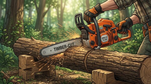 A powerful chainsaw cutting through a log stabilized on sturdy wooden blocks, positioned several inches above the ground. In the foreground, the chainsaw is prominently displayed, showcasing intricate details of its blade and body, with visible sparks flying from the cutting action. In the middle ground, the log is thick and clearly defined, with rough bark texture, emphasizing the cutting process. The background features a blurred forest setting, with dappled sunlight filtering through the leaves, creating a serene yet industrious atmosphere. The overall mood should feel dynamic and focused, capturing the essence of woodturning preparation. The image utilizes soft natural lighting to highlight the scene, and is shot at a slightly elevated angle to provide depth and perspective.