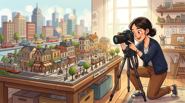 A professional photographer capturing a stunning diorama indoors, showcasing intricate miniature scenes of a vibrant cityscape. In the foreground, a high-quality camera mounted on a tripod focuses on a detailed diorama with tiny buildings, trees, and tiny figures that embody a bustling urban life. The middle ground features a soft bokeh effect of blurred miniature vehicles. In the background, large windows let in natural light, casting gentle shadows and enhancing colors, giving a warm atmosphere. The photographer, dressed in smart casual attire, kneels down, adjusting the camera angle to capture the best perspective. The scene conveys a sense of creativity and professionalism, ideal for understanding artistic context in diorama photography.