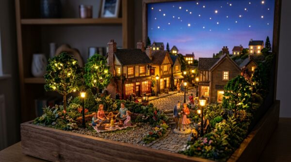 A realistic miniature diorama showcasing an intricate scene illuminated by LED lights. In the foreground, small figurines engaged in various activities, such as a family having a picnic and a couple strolling. The middle section features lush greenery and detailed miniature buildings, all subtly enhanced by warm white and colored LED lights that create a cozy, enchanting atmosphere. In the background, a twilight sky fades into deep blue, with twinkling LED stars overhead. The image is captured from a slightly elevated angle using a shallow depth of field to emphasize the glowing diorama while softly blurring the surroundings. The mood is inviting and serene, highlighting the potential of LED lighting in miniature displays.