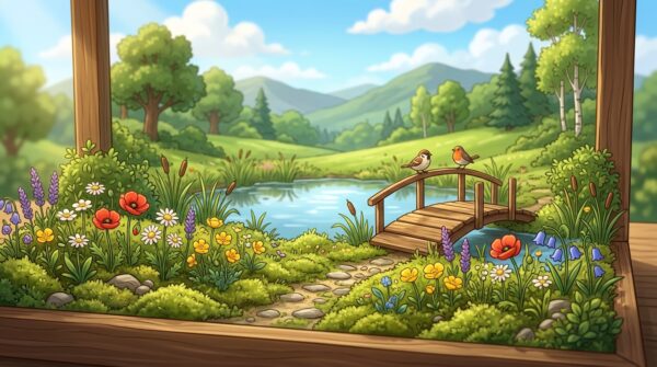 A serene nature diorama showcasing a lush landscape. In the foreground, a meticulously crafted representation of vibrant wildflowers in varied colors, peeking through soft, green moss. The middle ground features a tranquil pond reflecting the sky, surrounded by gently swaying reeds and a small wooden bridge. Birds can be seen perched on the bridge. In the background, rolling hills fade into distant mountains under a bright, clear blue sky with fluffy white clouds. The scene is illuminated with warm, natural sunlight, creating a tranquil and inviting atmosphere. Use a close-up angle to capture the intricate details of the flora, with soft focus on distant elements to enhance depth.