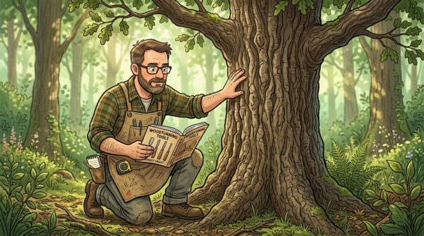 A skilled woodworker inspecting the bark of a tree trunk before cutting for turning. In the foreground, the woodworker, dressed in modest casual clothing, closely examines the trunk with a focused expression, holding a catalog of tools in one hand. The middle ground features the sturdy tree, its textured bark visible with intricate patterns. Sunlight filters through the leaves above, casting soft dappled shadows on the ground. In the background, a serene forest setting adds depth, with green foliage and other trees softly blurred, creating a tranquil atmosphere. The image is well-lit, showcasing the woodworker's concentration and the natural beauty of the wood. The scene invites a sense of craftsmanship and connection to nature.