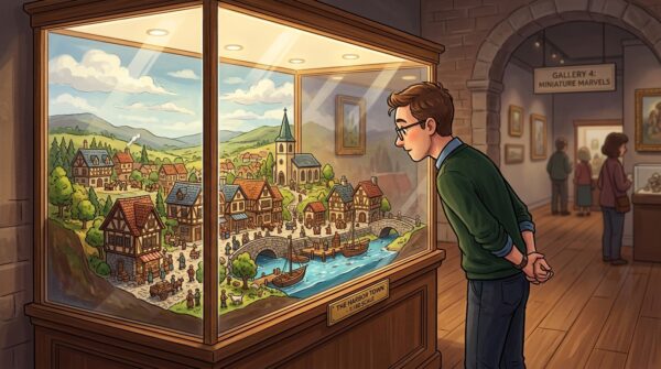 A visitor gazes intently at a beautifully crafted diorama set within a glass display case, unable to touch the delicate miniature. In the foreground, the visitor, dressed in smart casual attire, stands with hands gently clasped behind their back, peering through the glass with a look of wonder. The diorama features a vibrant, intricately detailed landscape, complete with tiny figures, lush greenery, and realistic buildings capturing a scene from a bustling town. The middle layer showcases the glass case, reflecting soft LED lights that illuminate the diorama's colors, enhancing the textures of the miniature elements. In the background, an elegant gallery space with muted, earthy tones creates a serene atmosphere, drawing attention to the diorama. The overall mood is one of admiration and curiosity, emphasizing the uniqueness of the immersive scene while maintaining a professional aesthetic. A visitor gazes intently at a beautifully crafted diorama set within a glass display case, unable to touch the delicate miniature. In the foreground, the visitor, dressed in smart casual attire, stands with hands gently clasped behind their back, peering through the glass with a look of wonder. The diorama features a vibrant, intricately detailed landscape, complete with tiny figures, lush greenery, and realistic buildings capturing a scene from a bustling town. The middle layer showcases the glass case, reflecting soft LED lights that illuminate the diorama's colors, enhancing the textures of the miniature elements. In the background, an elegant gallery space with muted, earthy tones creates a serene atmosphere, drawing attention to the diorama. The overall mood is one of admiration and curiosity, emphasizing the uniqueness of the immersive scene while maintaining a professional aesthetic.
