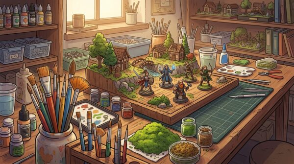 A well-organized diorama creation workspace, featuring an array of essential tools: various paintbrushes of different sizes and textures positioned at the forefront, scattered flocage materials in vibrant greens and browns providing a natural touch, and detailed miniature figurines of diverse characters poised dynamically around a wooden base. The background should include a softly lit workshop environment with shelves filled with more crafting supplies and tools, creating a sense of depth and creativity. The lighting is warm and inviting, highlighting the textures of the tools and materials. The angle is from above, capturing the entire scene in a balanced composition that evokes a mood of creativity and inspiration. A well-organized diorama creation workspace, featuring an array of essential tools: various paintbrushes of different sizes and textures positioned at the forefront, scattered flocage materials in vibrant greens and browns providing a natural touch, and detailed miniature figurines of diverse characters poised dynamically around a wooden base. The background should include a softly lit workshop environment with shelves filled with more crafting supplies and tools, creating a sense of depth and creativity. The lighting is warm and inviting, highlighting the textures of the tools and materials. The angle is from above, capturing the entire scene in a balanced composition that evokes a mood of creativity and inspiration.