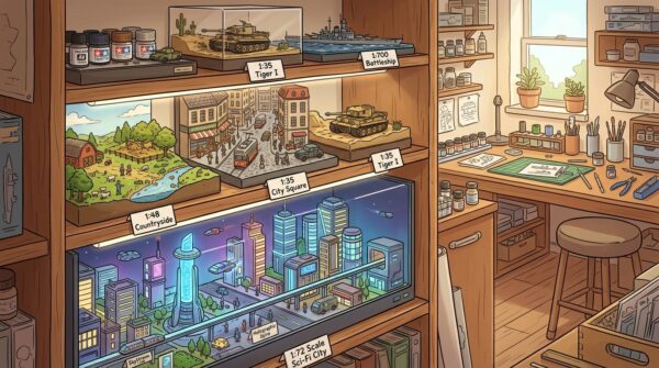 A well-organized display shelf showcasing a variety of dioramas and scale models in different sizes. In the foreground, a detailed sci-fi diorama is prominently featured, illustrating a futuristic cityscape under soft LED lighting, emphasizing intricate details. The middle layer features several additional dioramas, including a serene countryside and a bustling urban scene, arranged on the shelf with clear labels for scale reference. The background reveals a well-lit workshop filled with tools and materials for model-making, enhancing the atmosphere of creativity. The overall mood is inviting and professional, with a focus on craftsmanship and creativity. The scene is captured with a slight angled perspective, utilizing natural lighting for depth and realism. No text or signatures present. A well-organized display shelf showcasing a variety of dioramas and scale models in different sizes. In the foreground, a detailed sci-fi diorama is prominently featured, illustrating a futuristic cityscape under soft LED lighting, emphasizing intricate details. The middle layer features several additional dioramas, including a serene countryside and a bustling urban scene, arranged on the shelf with clear labels for scale reference. The background reveals a well-lit workshop filled with tools and materials for model-making, enhancing the atmosphere of creativity. The overall mood is inviting and professional, with a focus on craftsmanship and creativity. The scene is captured with a slight angled perspective, utilizing natural lighting for depth and realism. No text or signatures present.