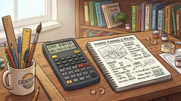 A wooden desk is cluttered with a scientific calculator and an open notebook filled with sketches and calculations for pricing a diorama. The calculator displays numbers reflecting material costs and hour calculations. The foreground features a cup with colored pencils and a ruler, hinting at design work. In the middle, the focused instruments blend with a warm, inviting table texture. The background showcases a softly blurred bookshelf filled with art books and inspiration for diorama projects. Soft natural light streams through a nearby window, illuminating the scene with a creative ambiance. The angle is slightly tilted to add dynamism, creating a professional yet approachable atmosphere, perfect for brainstorming and planning a diorama. A wooden desk is cluttered with a scientific calculator and an open notebook filled with sketches and calculations for pricing a diorama. The calculator displays numbers reflecting material costs and hour calculations. The foreground features a cup with colored pencils and a ruler, hinting at design work. In the middle, the focused instruments blend with a warm, inviting table texture. The background showcases a softly blurred bookshelf filled with art books and inspiration for diorama projects. Soft natural light streams through a nearby window, illuminating the scene with a creative ambiance. The angle is slightly tilted to add dynamism, creating a professional yet approachable atmosphere, perfect for brainstorming and planning a diorama.