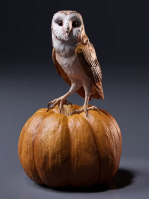 Une figurine chouette effraie à peindre en résine, perchée sur une citrouille d'automne naturelle, montrant un plumage hautement détaillé.