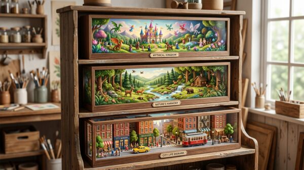 An elegant display shelf showcases a variety of meticulously crafted thematic dioramas, each one tailored for different markets. In the foreground, highlight a vibrant diorama representing a classic city scene, complete with miniature buildings and bustling pedestrians. The middle layer features a serene natural setting diorama with lush greenery and miniature wildlife, while the background includes a whimsical, fantasy-themed diorama with colorful mythical creatures. Soft, natural lighting illuminates the shelf, casting gentle shadows that enhance the intricate details of each diorama. The atmosphere is inviting and creative, encouraging a sense of wonder and craftsmanship. The image is captured from a slightly elevated angle to provide a comprehensive view of the entire shelf and its diverse offerings. An elegant display shelf showcases a variety of meticulously crafted thematic dioramas, each one tailored for different markets. In the foreground, highlight a vibrant diorama representing a classic city scene, complete with miniature buildings and bustling pedestrians. The middle layer features a serene natural setting diorama with lush greenery and miniature wildlife, while the background includes a whimsical, fantasy-themed diorama with colorful mythical creatures. Soft, natural lighting illuminates the shelf, casting gentle shadows that enhance the intricate details of each diorama. The atmosphere is inviting and creative, encouraging a sense of wonder and craftsmanship. The image is captured from a slightly elevated angle to provide a comprehensive view of the entire shelf and its diverse offerings.