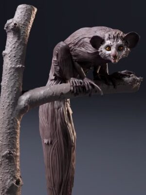 figurine-aye-aye-primate-madagascar-branche-1-8 Figurine de lémurien aye-aye aux grands yeux et doigts effilés perchée sur une branche d'arbre sculptée à l'échelle 1/8.