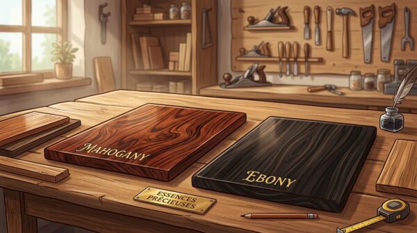 Échantillons of precious wood essences, prominently featuring mahogany and ebony, elegantly arranged on a polished wooden table. The foreground showcases detailed textures of the wood, emphasizing their rich, dark grains and warm, lustrous surfaces. In the middle ground, the table is surrounded by soft, diffused natural light, casting gentle shadows that enhance the wood's beauty. The background is softly blurred, hinting at a rustic workshop ambiance, with tools subtly visible to suggest craftsmanship. The overall mood is inviting and serene, ideal for evoking an appreciation of exotic woods and their distinctive features. The composition should present an intimate and detailed view, capturing the essence of luxury and craftsmanship. Échantillons of precious wood essences, prominently featuring mahogany and ebony, elegantly arranged on a polished wooden table. The foreground showcases detailed textures of the wood, emphasizing their rich, dark grains and warm, lustrous surfaces. In the middle ground, the table is surrounded by soft, diffused natural light, casting gentle shadows that enhance the wood's beauty. The background is softly blurred, hinting at a rustic workshop ambiance, with tools subtly visible to suggest craftsmanship. The overall mood is inviting and serene, ideal for evoking an appreciation of exotic woods and their distinctive features. The composition should present an intimate and detailed view, capturing the essence of luxury and craftsmanship.