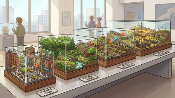 Four dioramas of varying scales are meticulously aligned on a sleek, modern display table to showcase their size and intricate details. In the foreground, a small diorama captures a bustling urban street scene with tiny figures and finely detailed buildings. The middle section hosts a medium-sized diorama depicting a serene forest landscape with lush greenery and wildlife, while the largest diorama in the background features an expansive historical battlefield, rich in texture and dramatic lighting. Soft natural light from a nearby window illuminates the scene, casting gentle shadows that highlight the craftsmanship of each diorama. The atmosphere is inviting and focused, encouraging viewers to appreciate the artistry of miniature creations, presented with a professional angle that emphasizes depth and clarity. Four dioramas of varying scales are meticulously aligned on a sleek, modern display table to showcase their size and intricate details. In the foreground, a small diorama captures a bustling urban street scene with tiny figures and finely detailed buildings. The middle section hosts a medium-sized diorama depicting a serene forest landscape with lush greenery and wildlife, while the largest diorama in the background features an expansive historical battlefield, rich in texture and dramatic lighting. Soft natural light from a nearby window illuminates the scene, casting gentle shadows that highlight the craftsmanship of each diorama. The atmosphere is inviting and focused, encouraging viewers to appreciate the artistry of miniature creations, presented with a professional angle that emphasizes depth and clarity.