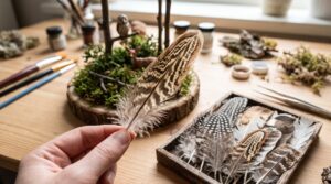 Une main tenant au premier plan une magnifique plume naturelle rayée, choisie parmi un coffret de plumes de différentes variétés, avec un diorama forestier en arrière-plan.