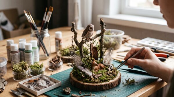 Une personne utilise des pinces pour assembler minutieusement un diorama forestier miniature avec une figurine de chouette, un faon, de la mousse naturelle et des plumes sur un établi de loisirs créatifs.